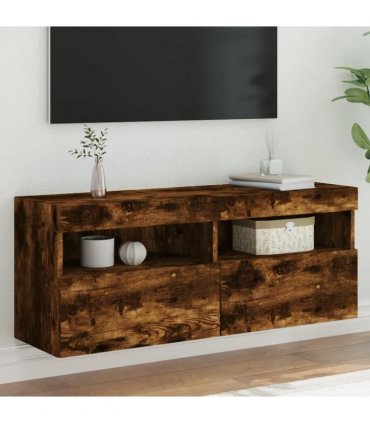 vidaXL TV Wall Cabinet with LED Lights Smoked Oak 100x30x40 cm