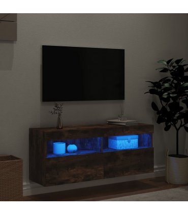 vidaXL TV Wall Cabinet with LED Lights Smoked Oak 100x30x40 cm