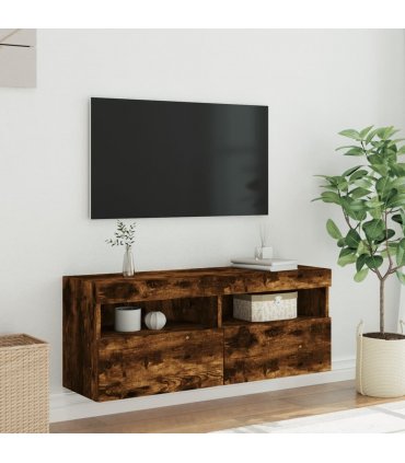 vidaXL TV Wall Cabinet with LED Lights Smoked Oak 100x30x40 cm