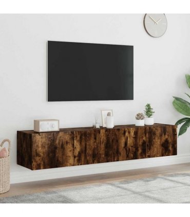 vidaXL TV Wall Cabinets with LED Lights 2 pcs Smoked Oak 80x35x31 cm — Size: 80 x 35 x 31 cm