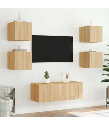 vidaXL TV Wall Cabinets with LED Lights 2 pcs Sonoma Oak 30.5x35x30 cm — Size: 30.5 x 35 x 30 cm