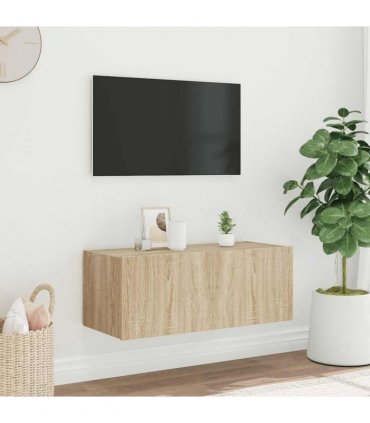 vidaXL TV Wall Cabinet with LED Lights Sonoma Oak 80x35x31 cm — Size: 80 x 35 x 31 cm