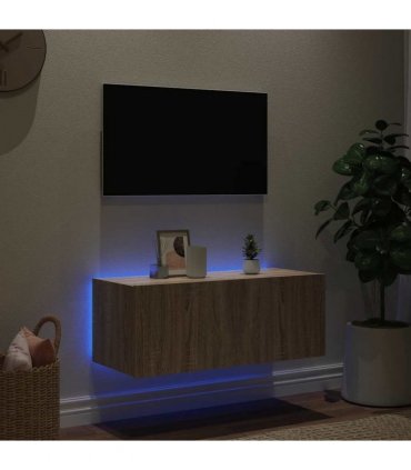 vidaXL TV Wall Cabinet with LED Lights Sonoma Oak 80x35x31 cm — Size: 80 x 35 x 31 cm