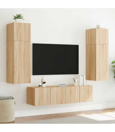 vidaXL TV Wall Cabinet with LED Lights Sonoma Oak 80x35x31 cm — Size: 80 x 35 x 31 cm