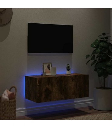 vidaXL TV Wall Cabinet with LED Lights Smoked Oak 80x35x31 cm — Size: 80 x 35 x 31 cm