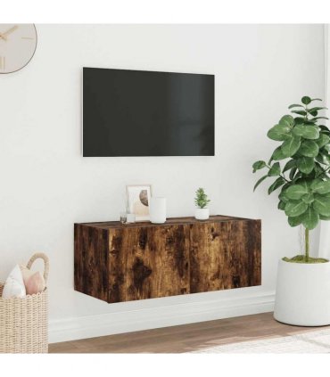 vidaXL TV Wall Cabinet with LED Lights Smoked Oak 80x35x31 cm — Size: 80 x 35 x 31 cm
