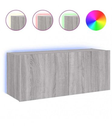 vidaXL TV Wall Cabinet with LED Lights Grey Sonoma 100x35x41 cm — Size: 100 x 35 x 41 cm