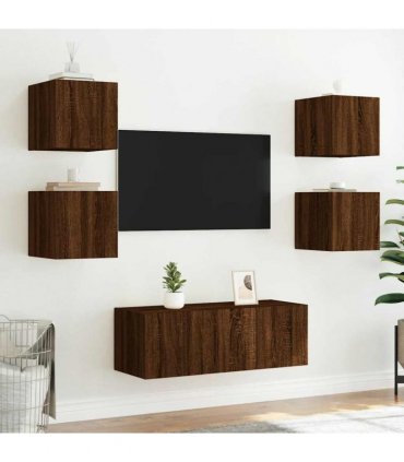 vidaXL TV Wall Cabinets with LED Lights 2 pcs Brown Oak 30.5x35x30 cm — Size: 30.5 x 35 x 30 cm