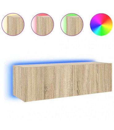 vidaXL TV Wall Cabinet with LED Lights Sonoma Oak 100x35x31 cm — Size: 100 x 35 x 31 cm