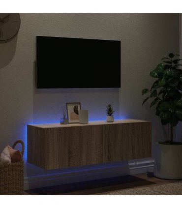 vidaXL TV Wall Cabinet with LED Lights Sonoma Oak 100x35x31 cm — Size: 100 x 35 x 31 cm