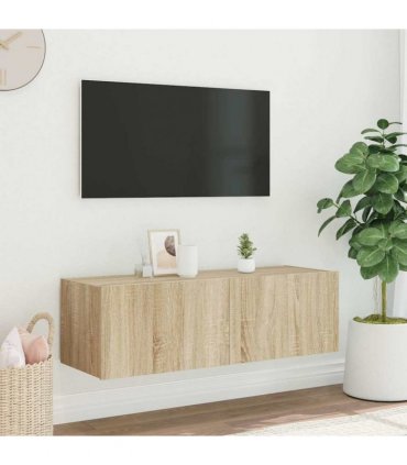 vidaXL TV Wall Cabinet with LED Lights Sonoma Oak 100x35x31 cm — Size: 100 x 35 x 31 cm
