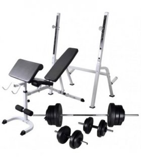 vidaXL Workout Bench with Weight Rack, Barbell and Dumbbell Set 60.5kg