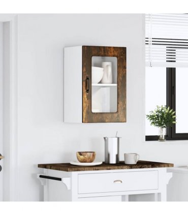 vidaXL Kitchen Wall Cabinet with Glass Door Kalmar Smoked Oak Engi — Model: 1x wall glass cabinet (1 door) 40 cm wide 60 cm high