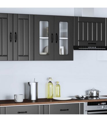 vidaXL Kitchen Wall Cabinet with Glass Door Kalmar Black Engineer — Model: 1x wall glass cabinet (2 doors) 60 cm wide 60 cm high