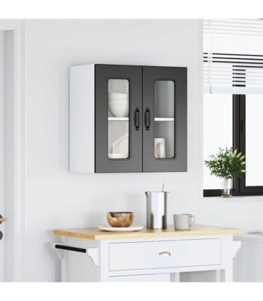 vidaXL Kitchen Wall Cabinet with Glass Door Kalmar Black Engineer — Model: 1x wall glass cabinet (2 doors) 60 cm wide 60 cm high