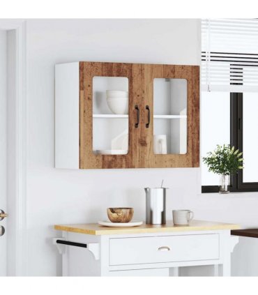 vidaXL Kitchen Wall Cabinet with Glass Door Kalmar Old Wood Engin — Model: 1x wall glass cabinet (2 doors) 80 cm wide 60 cm high