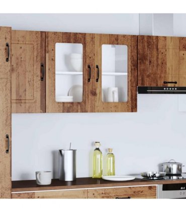 vidaXL Kitchen Wall Cabinet with Glass Door Kalmar Old Wood Engin — Model: 1x wall glass cabinet (2 doors) 80 cm wide 60 cm high