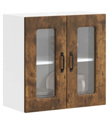 vidaXL Kitchen Wall Cabinet with Glass Door Kalmar Smoked Oak Eng — Model: 1x wall glass cabinet (2 doors) 60 cm wide 60 cm high