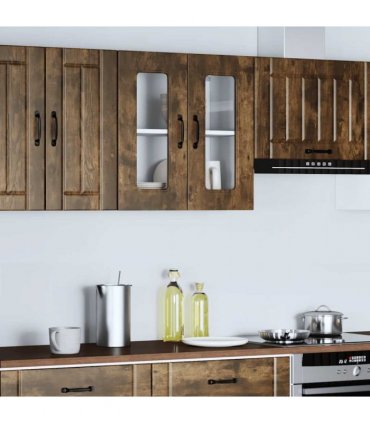 vidaXL Kitchen Wall Cabinet with Glass Door Kalmar Smoked Oak Eng — Model: 1x wall glass cabinet (2 doors) 60 cm wide 60 cm high