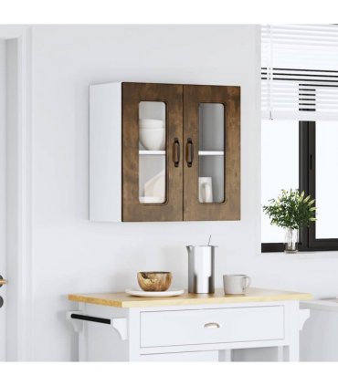 vidaXL Kitchen Wall Cabinet with Glass Door Kalmar Smoked Oak Eng — Model: 1x wall glass cabinet (2 doors) 60 cm wide 60 cm high