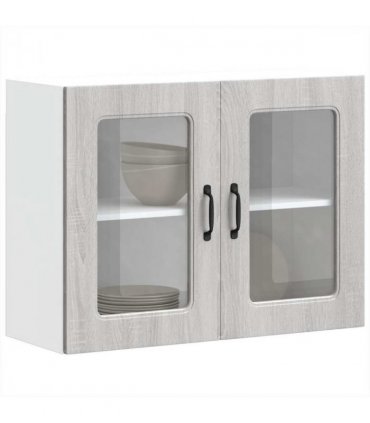 vidaXL Kitchen Wall Cabinet with Glass Door Kalmar Grey Sonoma En — Model: 1x wall glass cabinet (2 doors) 80 cm wide 60 cm high