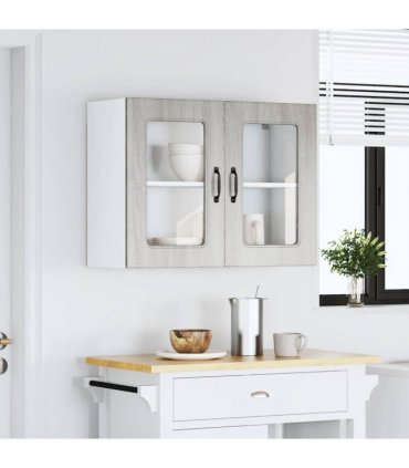 vidaXL Kitchen Wall Cabinet with Glass Door Kalmar Grey Sonoma En — Model: 1x wall glass cabinet (2 doors) 80 cm wide 60 cm high