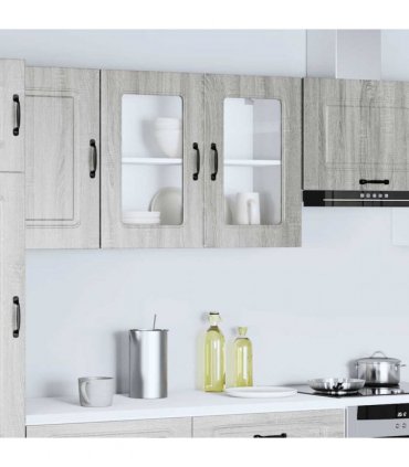 vidaXL Kitchen Wall Cabinet with Glass Door Kalmar Grey Sonoma En — Model: 1x wall glass cabinet (2 doors) 80 cm wide 60 cm high