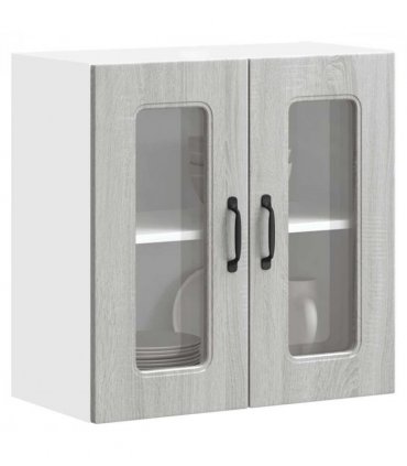 vidaXL Kitchen Wall Cabinet with Glass Door Kalmar Grey Sonoma En — Model: 1x wall glass cabinet (2 doors) 60 cm wide 60 cm high