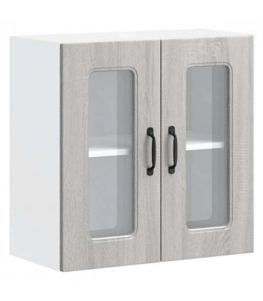 vidaXL Kitchen Wall Cabinet with Glass Door Kalmar Grey Sonoma En — Model: 1x wall glass cabinet (2 doors) 60 cm wide 60 cm high
