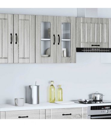 vidaXL Kitchen Wall Cabinet with Glass Door Kalmar Grey Sonoma En — Model: 1x wall glass cabinet (2 doors) 60 cm wide 60 cm high
