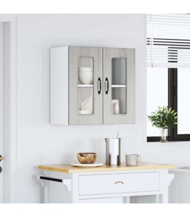 vidaXL Kitchen Wall Cabinet with Glass Door Kalmar Grey Sonoma En — Model: 1x wall glass cabinet (2 doors) 60 cm wide 60 cm high