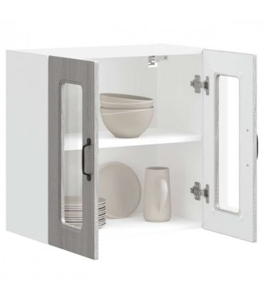 vidaXL Kitchen Wall Cabinet with Glass Door Kalmar Grey Sonoma En — Model: 1x wall glass cabinet (2 doors) 60 cm wide 60 cm high