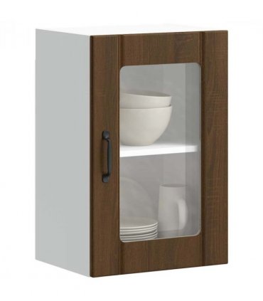 vidaXL Kitchen Wall Cabinet with Glass Door Lucca Brown Oak — Size: 40 x 31 x 60 cm, Model: 1x wall glass cabinet (1 door)