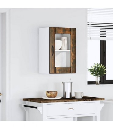 vidaXL Kitchen Wall Cabinet with Glass Door Lucca Smoked Oak — Size: 40 x 31 x 60 cm, Model: 1x wall glass cabinet (1 door)
