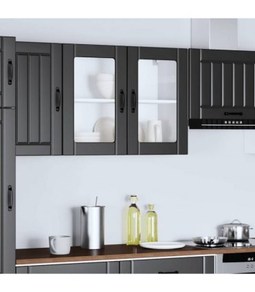 vidaXL Kitchen Wall Cabinet with Glass Door Lucca Black Engineer — Size: 80 x 31 x 60 cm, Model: 1x wall glass cabinet (2 doors)