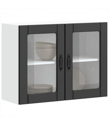 vidaXL Kitchen Wall Cabinet with Glass Door Lucca Black Engineer — Size: 80 x 31 x 60 cm, Model: 1x wall glass cabinet (2 doors)