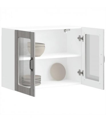 vidaXL Kitchen Wall Cabinet with Glass Door Lucca Grey Sonoma En — Size: 80 x 31 x 60 cm, Model: 1x wall glass cabinet (2 doors)