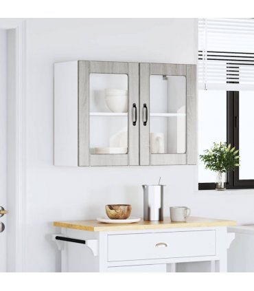 vidaXL Kitchen Wall Cabinet with Glass Door Lucca Grey Sonoma En — Size: 80 x 31 x 60 cm, Model: 1x wall glass cabinet (2 doors)
