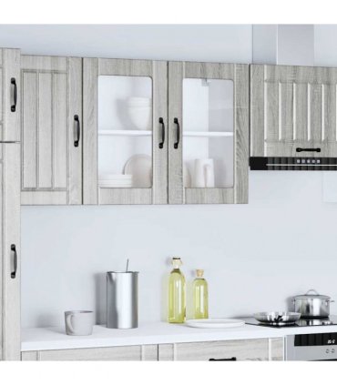 vidaXL Kitchen Wall Cabinet with Glass Door Lucca Grey Sonoma En — Size: 80 x 31 x 60 cm, Model: 1x wall glass cabinet (2 doors)