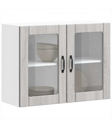 vidaXL Kitchen Wall Cabinet with Glass Door Lucca Grey Sonoma En — Size: 80 x 31 x 60 cm, Model: 1x wall glass cabinet (2 doors)