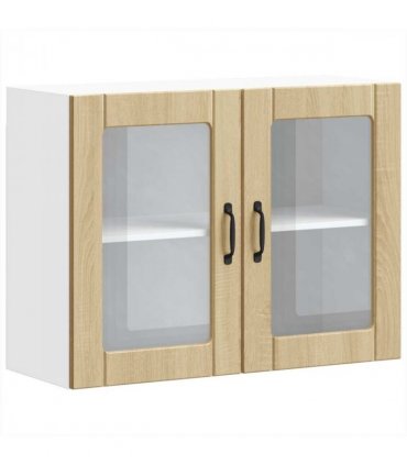 vidaXL Kitchen Wall Cabinet with Glass Door Lucca Sonoma Oak Eng — Size: 80 x 31 x 60 cm, Model: 1x wall glass cabinet (2 doors)