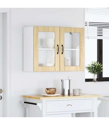 vidaXL Kitchen Wall Cabinet with Glass Door Lucca Sonoma Oak Eng — Size: 80 x 31 x 60 cm, Model: 1x wall glass cabinet (2 doors)
