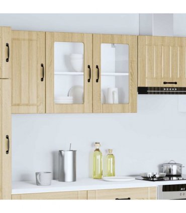 vidaXL Kitchen Wall Cabinet with Glass Door Lucca Sonoma Oak Eng — Size: 80 x 31 x 60 cm, Model: 1x wall glass cabinet (2 doors)