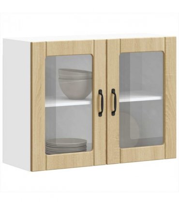 vidaXL Kitchen Wall Cabinet with Glass Door Lucca Sonoma Oak Eng — Size: 80 x 31 x 60 cm, Model: 1x wall glass cabinet (2 doors)