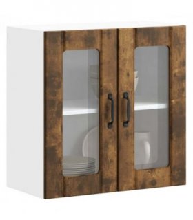 vidaXL Kitchen Wall Cabinet with Glass Door Lucca Smoked Oak Eng — Size: 60 x 31 x 60 cm, Model: 1x wall glass cabinet (2 doors)