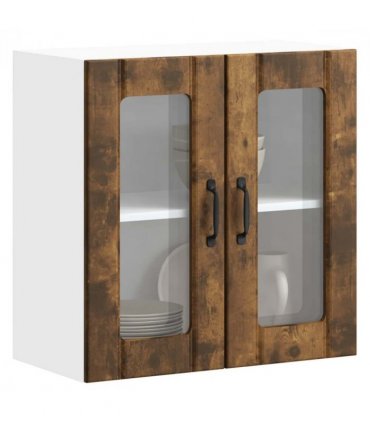 vidaXL Kitchen Wall Cabinet with Glass Door Lucca Smoked Oak Eng — Size: 60 x 31 x 60 cm, Model: 1x wall glass cabinet (2 doors)