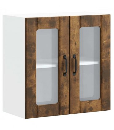 vidaXL Kitchen Wall Cabinet with Glass Door Lucca Smoked Oak Eng — Size: 60 x 31 x 60 cm, Model: 1x wall glass cabinet (2 doors)