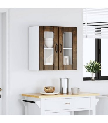 vidaXL Kitchen Wall Cabinet with Glass Door Lucca Smoked Oak Eng — Size: 60 x 31 x 60 cm, Model: 1x wall glass cabinet (2 doors)