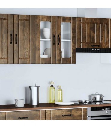 vidaXL Kitchen Wall Cabinet with Glass Door Lucca Smoked Oak Eng — Size: 60 x 31 x 60 cm, Model: 1x wall glass cabinet (2 doors)