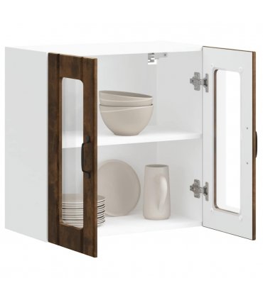 vidaXL Kitchen Wall Cabinet with Glass Door Lucca Smoked Oak Eng — Size: 60 x 31 x 60 cm, Model: 1x wall glass cabinet (2 doors)
